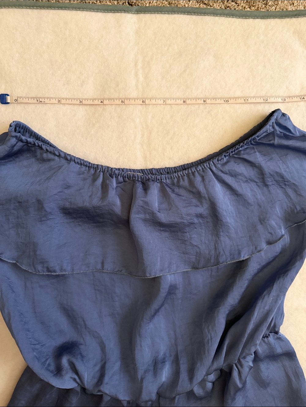 Off-Shoulder Blue Romper with Ruffle Yoke - Picture 2 of 8